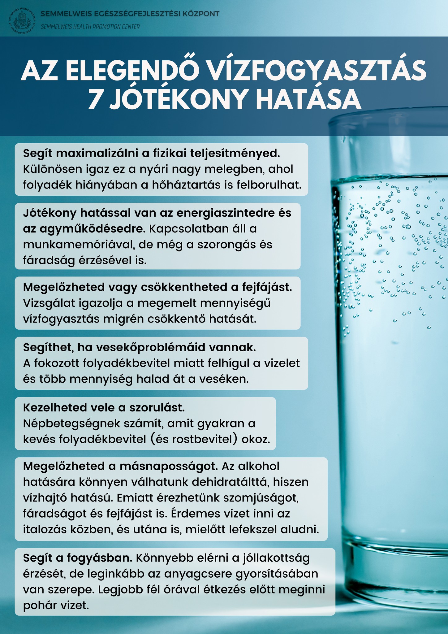 Az elegendő vízfogyasztás 7 jótékony hatása. Segít maximalizálni a fizikai teljesítményedet. Különösen igaz ez a nyári melegben, ahol folyadék hiányában felborulhat a hőháztartás. Jótékony hatással van az energiaszintedre és az agyműködésre. Megelőzheted vagy csökkentheted a fejfájás.  Vizsgálat igazolja a megemelt mennyiségű vízfogyasztás migrén csökkentő hatását. Segíthet, ha vesekőproblémáid vannak. Felhígul a vizelet és több mennyiség halad át a veséken. Kezelheted a szorulást. Megelőzheted a másnaposságot. Az alkohol hatására könnyen válhatunk dehidratálttá. Érdemes vizet inni az italozás az italozásközben, és utána is, mielőtt lefekszel aludni. Segít a fogyásban. Legjobb fél órával étkezés előtt meginni pohár vizet. 