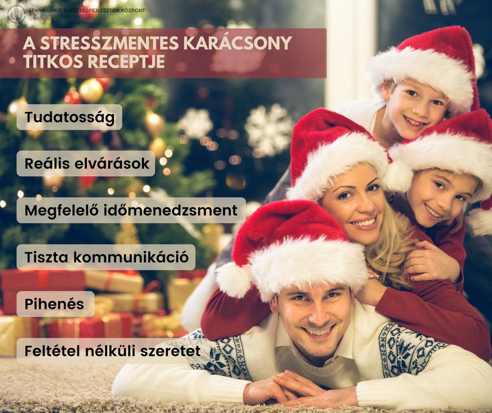 A stresszmentes karácsony titkos receptje. Tudatosság. Reális elvárások. Megfelelő időmenedzsment. Tiszta kommunikáció. Pihenés. Feltétel nélküli szeretet.