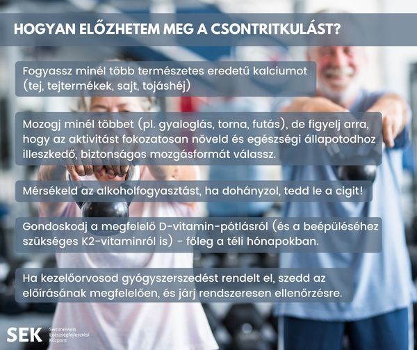 Hogyan előzhetem meg a csontritkulást? Fogyassz minél több természetes eredetű kalciumot (tej, tejtermékek, sajt, tojáshéj) Mozogj minél többet (pl. gyaloglás, torna, futás), de figyelj arra, hogy az aktivitást fokozatosan növeld és egészségi állapothoz illeszkedő, biztonságos mozgásformát válassz. Mérsékeld az alkoholfogyasztást, ha dohányzol, tedd le a cigit! Gondoskodj megfelelő D-vitamin pótlásról ( és a beépüléshez szükséges K2 vitaminról is) - főleg a téli hónapokban. Ha kezelőorvosod gyógyszerszedést rendel e, szedd az előírásnak megfelelően, és járj rendszeresen ellenőrzésre.